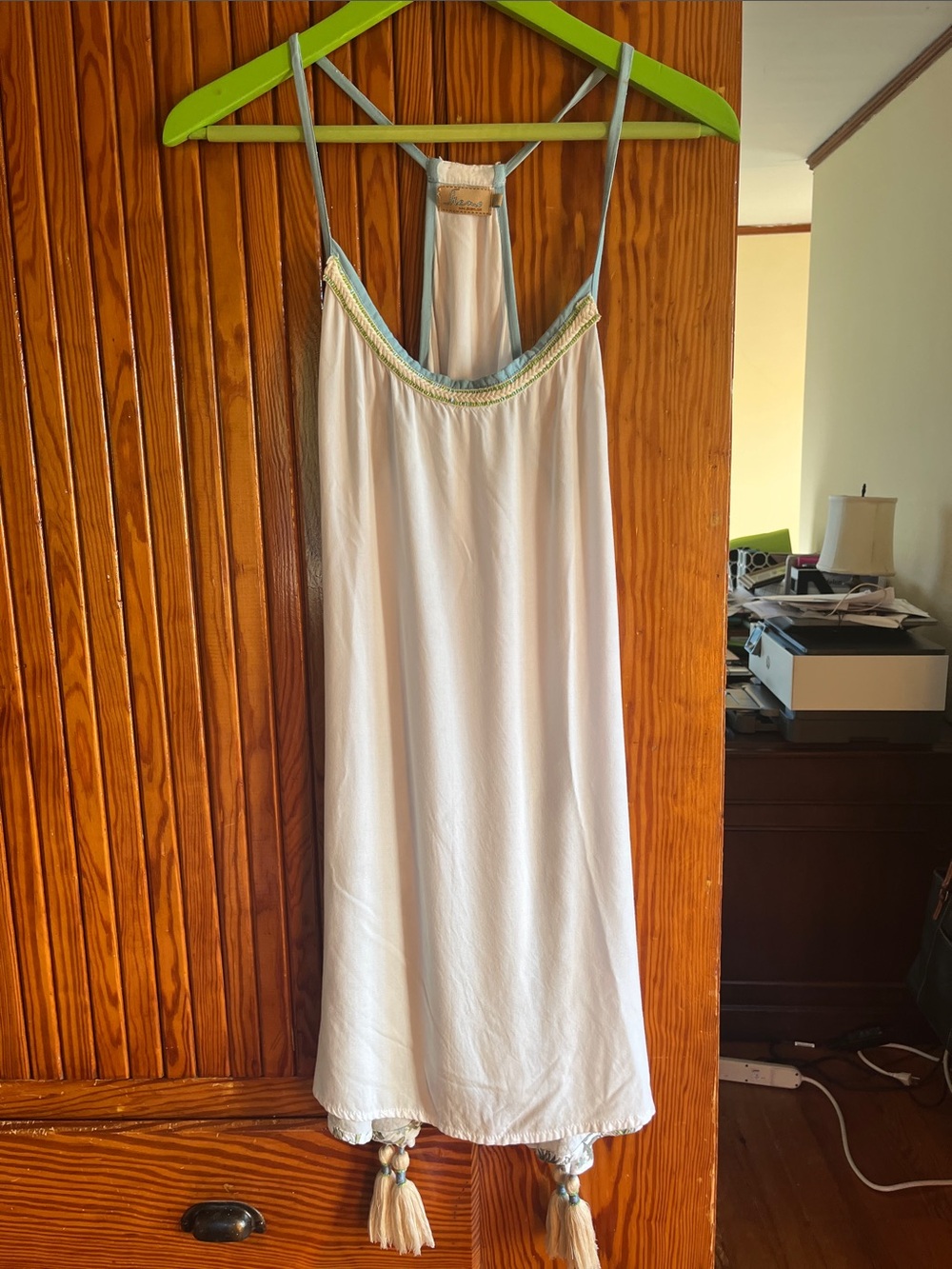 White Tassel-Trim Swim Coverup with Blue-Green Accents